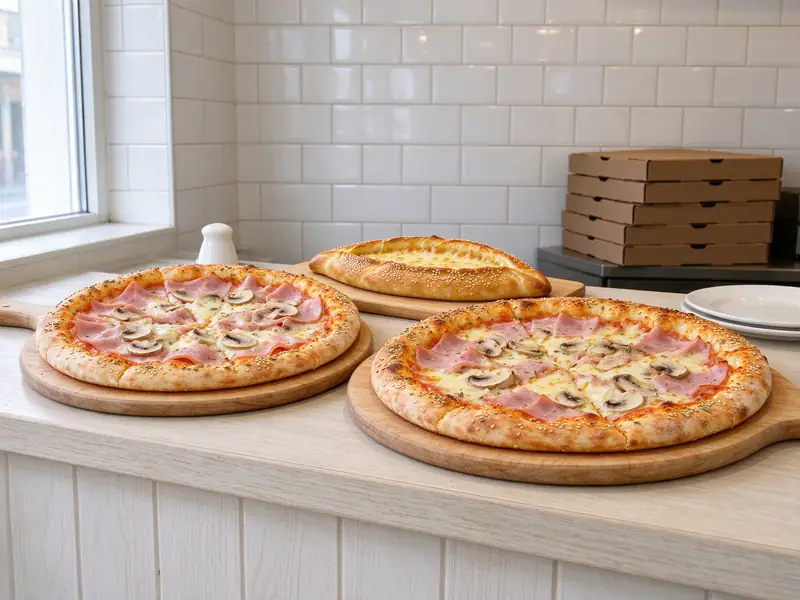 Banaku i pizzerisë me dy pizza dhe një pide në dërrasa druri, kuti të thjeshta kartoni dhe pjata të bardha