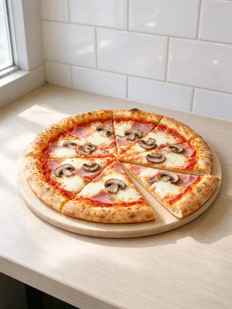 Pizza me buzë susami e rigoni, me proshutë dhe kërpudha, e prerë në copa, në dërrasë druri